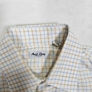 Ascot Chang Men's Shirt Size (L) White Blue Checkered Made in Hong Kong Vtg